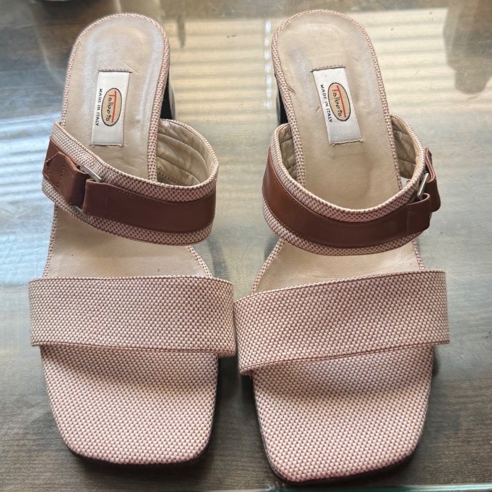 Talbots Italian Leather Fabric Block Heel Slide Sandals Tan Brown Women 9.5M